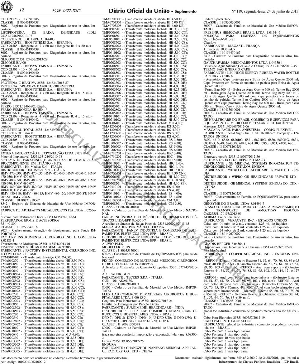 Registro de Produtos para Diagnóstico de uso in vitro, Importado GLICOSE 25351124632/2013-29 GLICOSE BA400 FABRICANTE : BIOSYSTEMS SA - ESPANHA COD 21503-10 x 60 ml> CLASSE : II 80046190440 8002 -