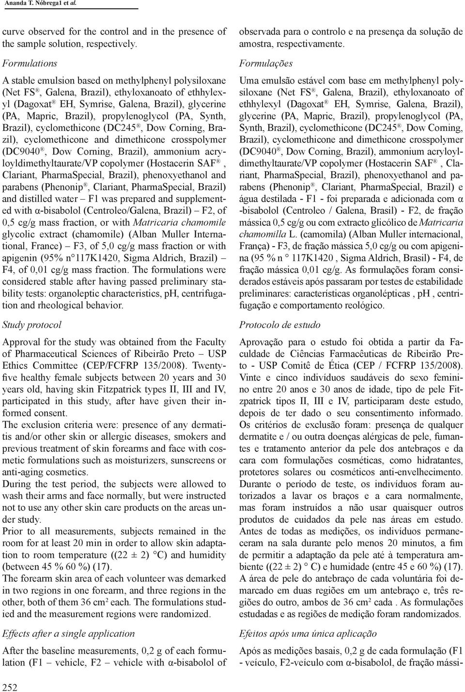 propylenoglycol (PA, Synth, Brazil), cyclomethicone (DC245, Dow Corning, Brazil), cyclomethicone and dimethicone crosspolymer (DC9040, Dow Corning, Brazil), ammonium acryloyldimethyltaurate/vp