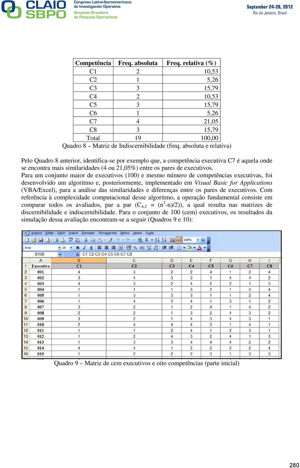 Para um conjunto maior de executivos (100) e mesmo número de competências executivas, foi desenvolvido um algoritmo e, posteriormente, implementado em Visual Basic for Applications (VBA/Excel), para