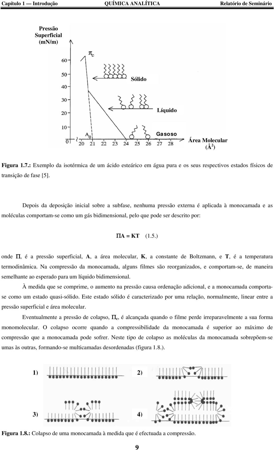 Depois da deposição inicial sobre a subfase, nenhuma pressão externa é aplicada à monocamada e as moléculas comportam-se como um gás bidimensional, pelo que pode ser descrito por: ΠA = KT (1.5.