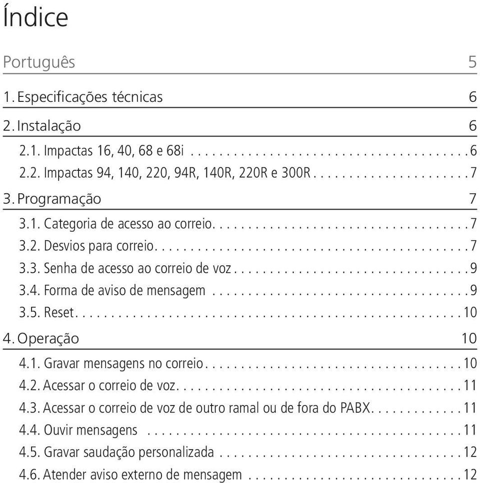 Forma de aviso de mensagem...9 3.5. Reset...10 4. Operação 10 4.1. Gravar mensagens no correio...10 4.2. Acessar o correio de voz...11 4.3. Acessar o correio de voz de outro ramal ou de fora do PABX.