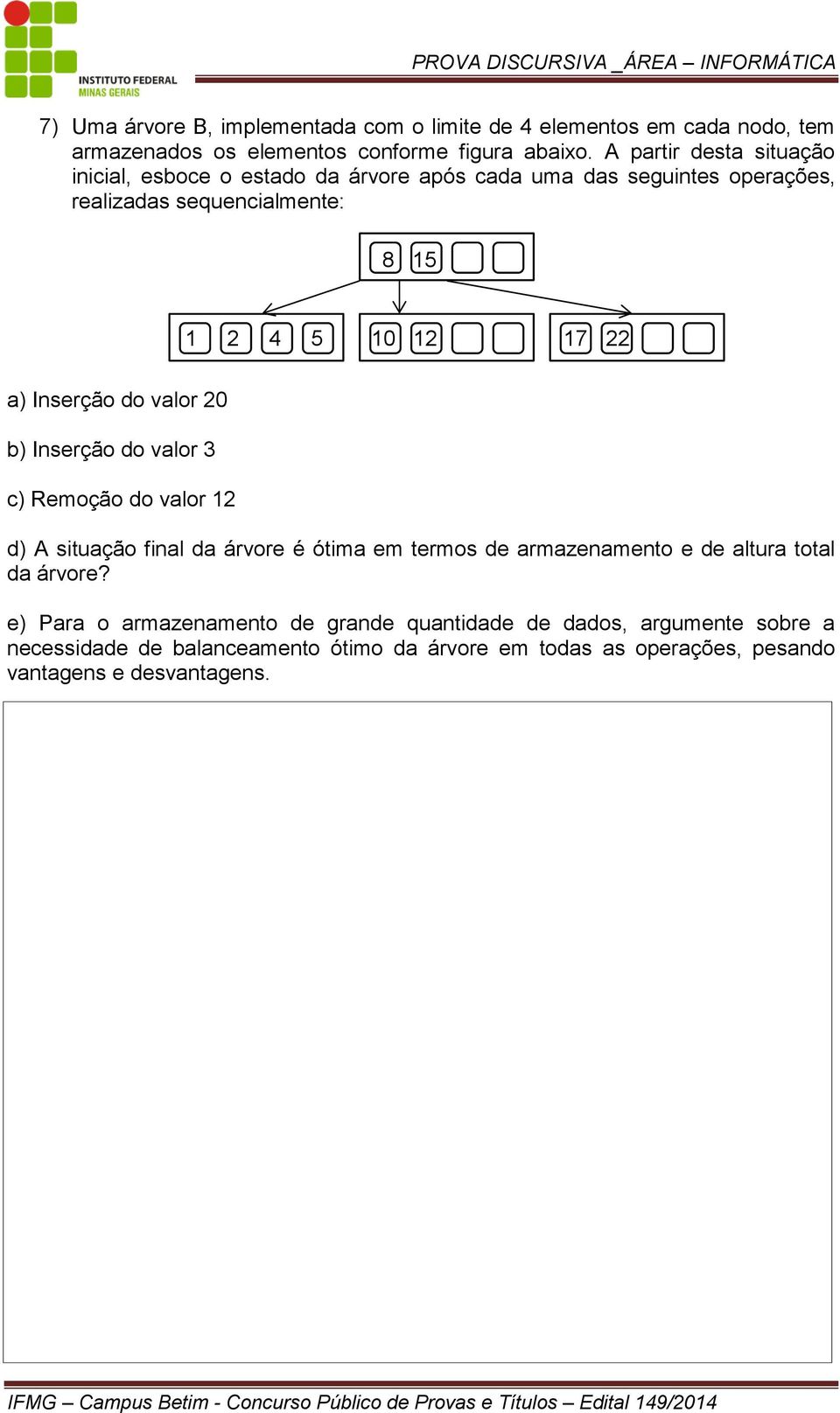 Inserção do valor 20 b) Inserção do valor 3 c) Remoção do valor 12 d) A situação final da árvore é ótima em termos de armazenamento e de altura total da