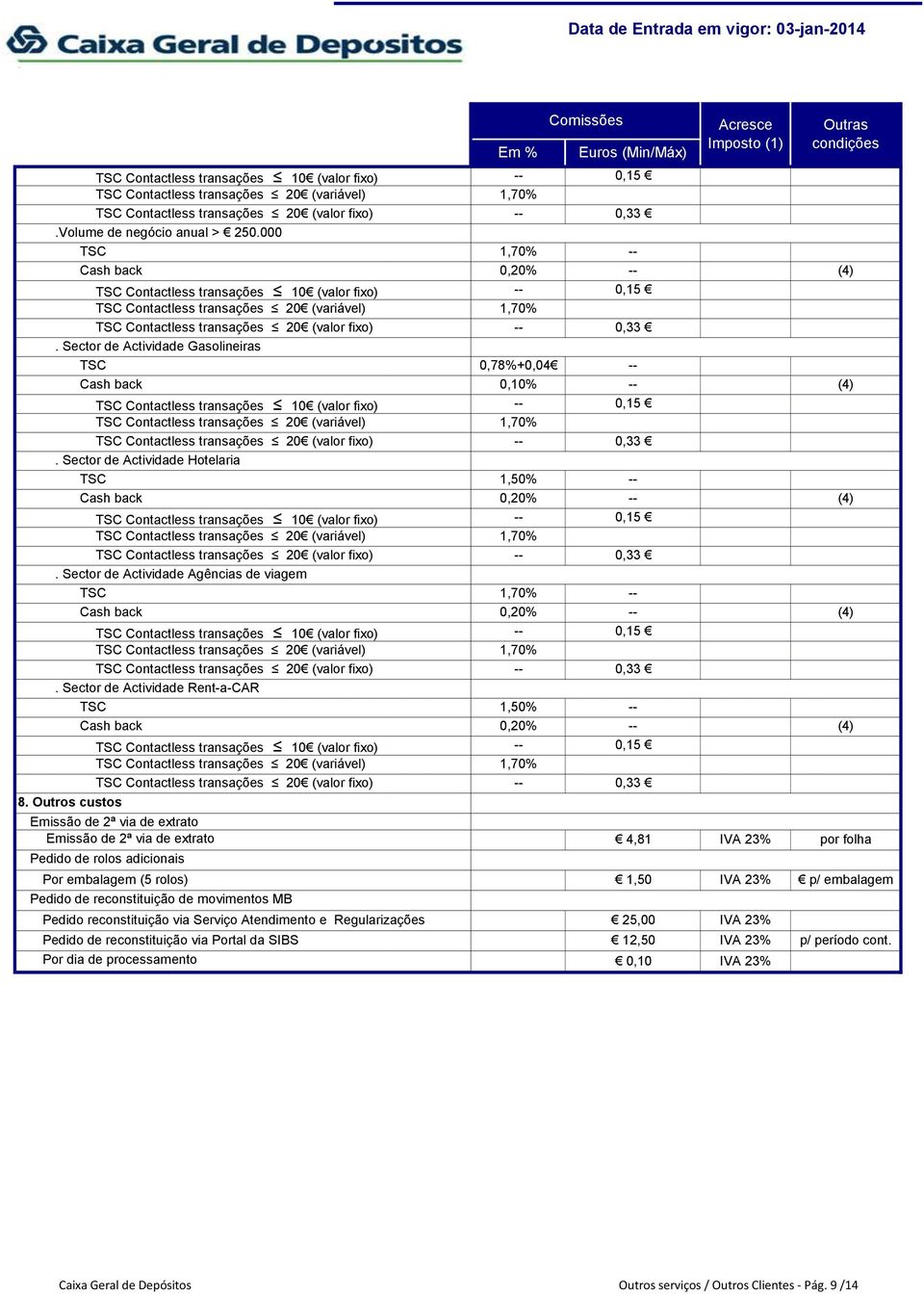 Outros custos Emissão de 2ª via de extrato Emissão de 2ª via de extrato 4,81 IVA 23% por folha Pedido de rolos adicionais Por embalagem (5 rolos) 1,50 IVA 23%