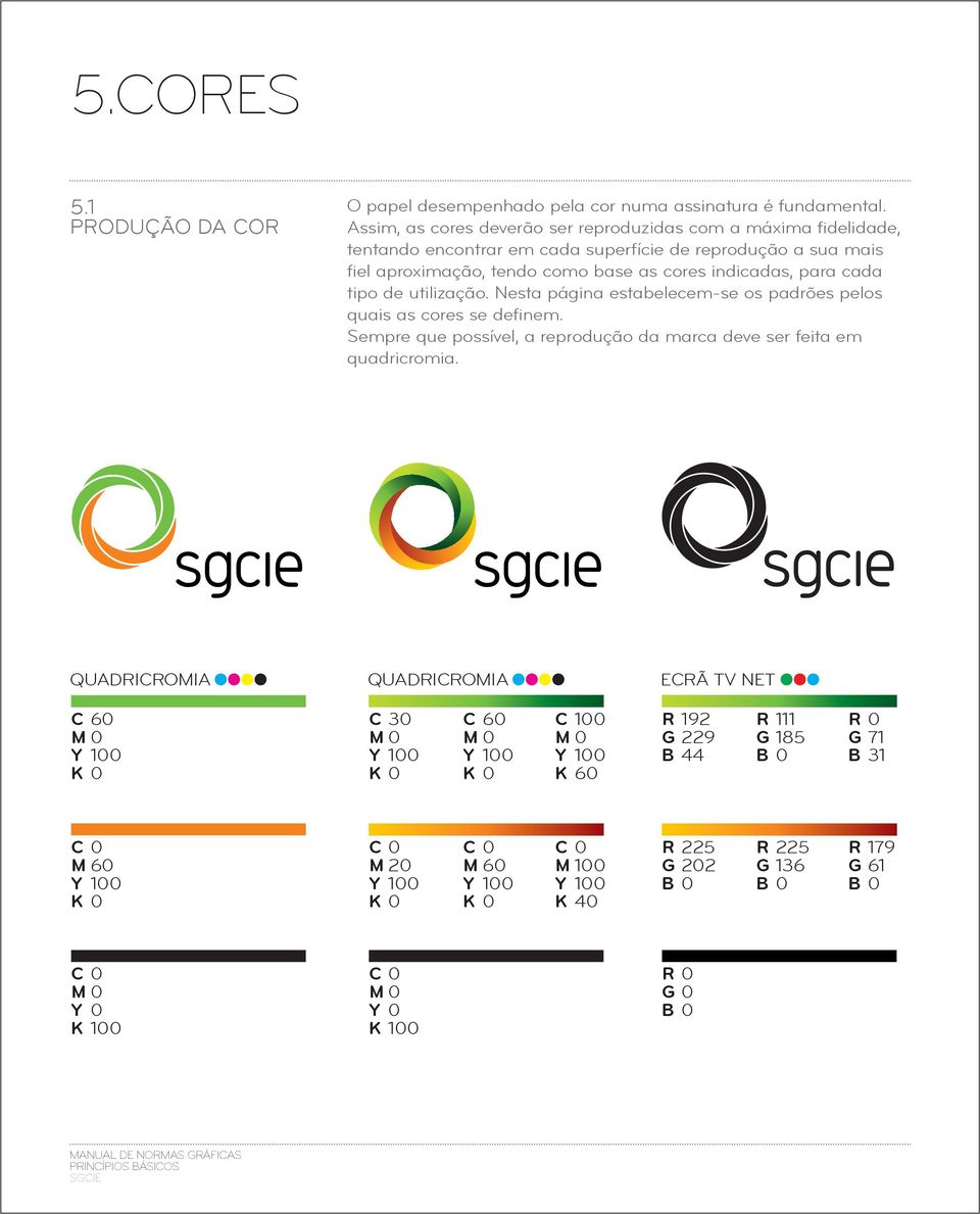 tipo de utilização. Nesta página estabelecem-se os padrões pelos quais as cores se definem. Sempre que possível, a reprodução da marca deve ser feita em quadricromia.