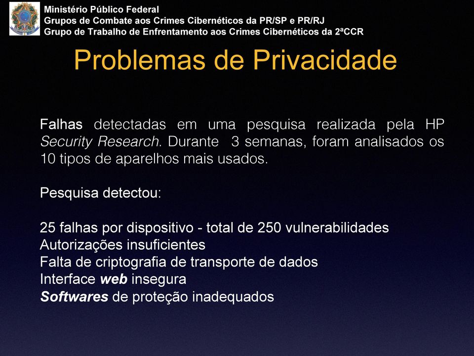 !! Pesquisa detectou: 25 falhas por dispositivo - total de 250 vulnerabilidades Autorizações