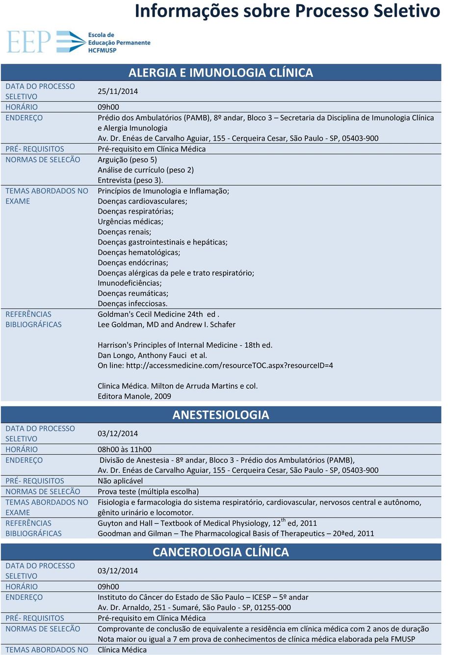 Princípios de Imunologia e Inflamação; Doenças cardiovasculares; Doenças respiratórias; Urgências médicas; Doenças renais; Doenças gastrointestinais e hepáticas; Doenças hematológicas; Doenças