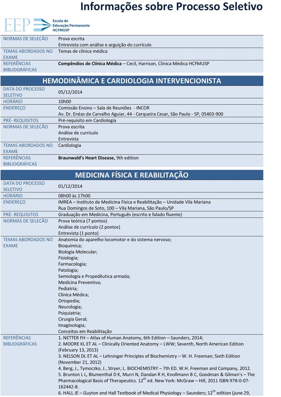 Enéas de Carvalho Aguiar, 44 - Cerqueira Cesar, São Paulo - SP, 05403-900 Pré-requisito em Cardiologia Cardiologia Braunwald s Heart Disease, 9th edition 01/12/2014 MEDICINA FÍSICA E REABILITAÇÃO às
