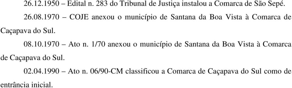 1970 Ato n. 1/70 anexou o município de Santana da Boa Vista à Comarca de Caçapava do Sul.