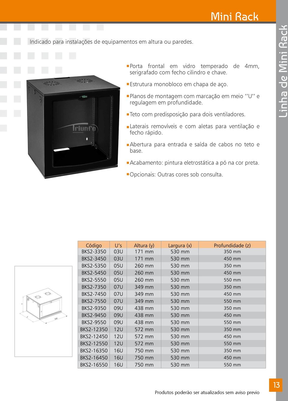 Planos de montagem com marcação em meio U e regulagem em profundidade. Teto com predisposição para dois ventiladores.