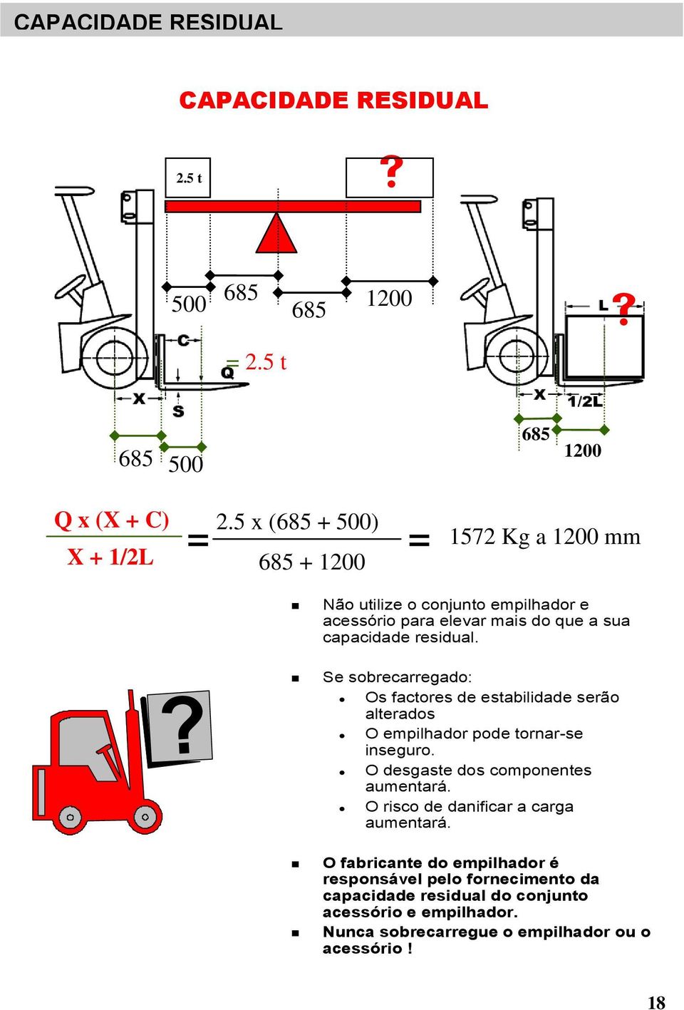 residual.? Se sobrecarregado: Os factores de estabilidade serão alterados O empilhador pode tornar-se inseguro. O desgaste dos componentes aumentará.