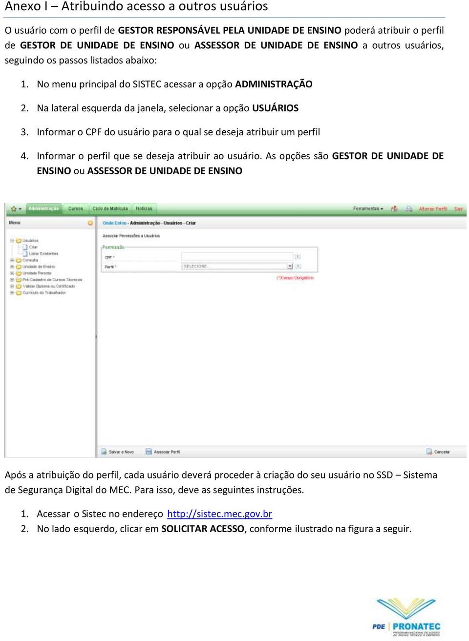 Informar o CPF do usuário para o qual se deseja atribuir um perfil 4. Informar o perfil que se deseja atribuir ao usuário.