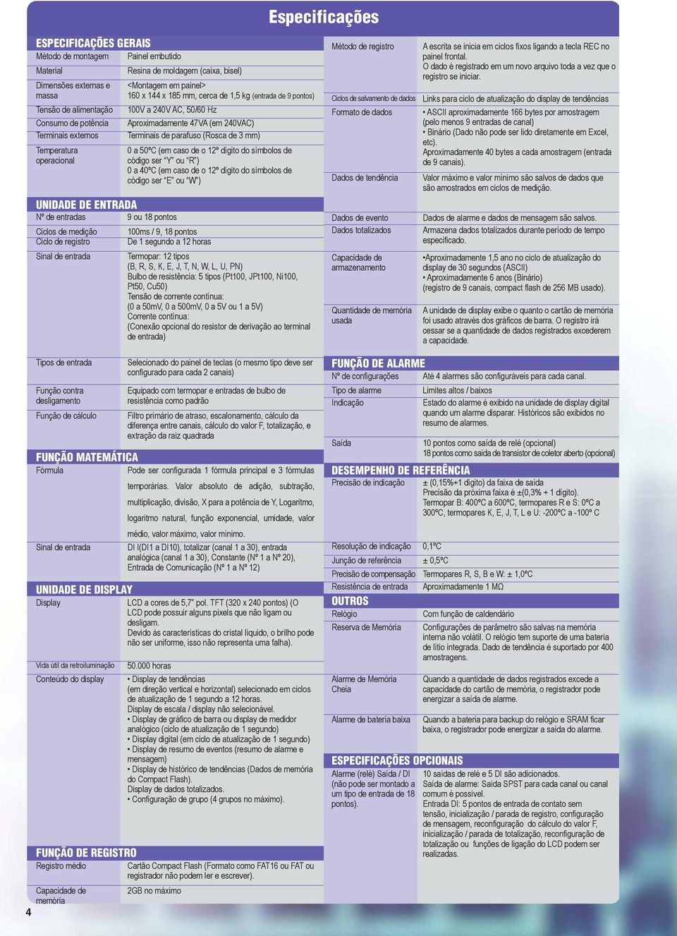 de 3 mm) 0 a 50ºC (em caso de o 12º dígito do símbolos de código ser Y ou R ) 0 a 40ºC (em caso de o 12º dígito do símbolos de código ser E ou W ) UNIDADE DE ENTRADA Nº de entradas 9 ou 18 pontos