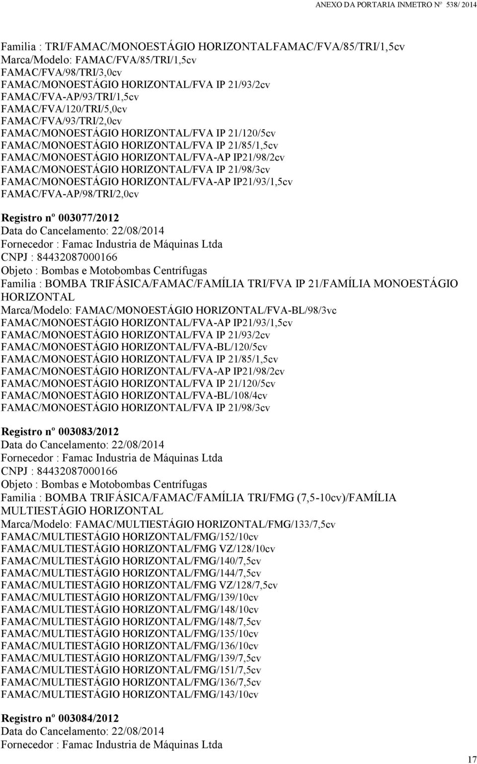 FAMAC/MONOESTÁGIO HORIZONTAL/FVA IP 21/98/3cv FAMAC/MONOESTÁGIO HORIZONTAL/FVA-AP IP21/93/1,5cv FAMAC/FVA-AP/98/TRI/2,0cv Registro nº 003077/2012 Fornecedor : Famac Industria de Máquinas Ltda CNPJ :