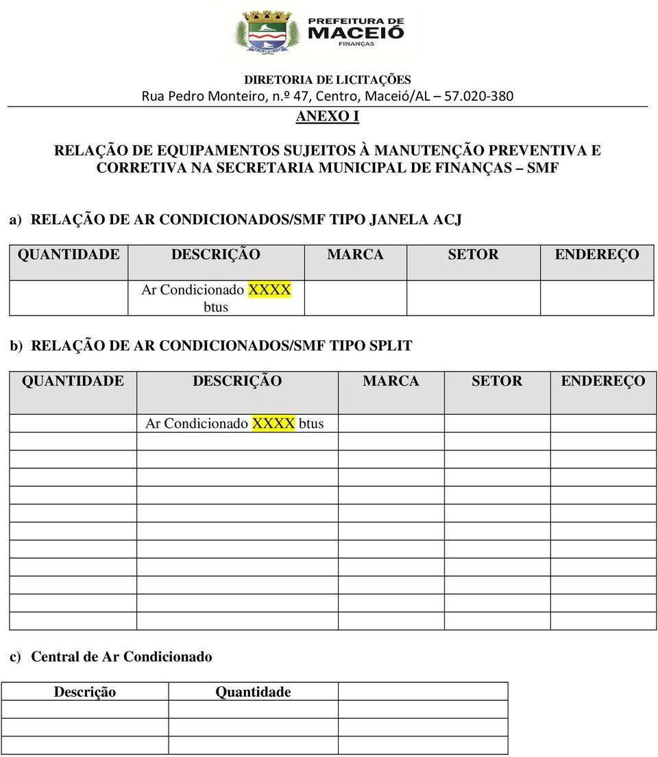 MARCA SETOR ENDEREÇO Ar Condicionado btus b) RELAÇÃO DE AR CONDICIONADOS/SMF TIPO SPLIT