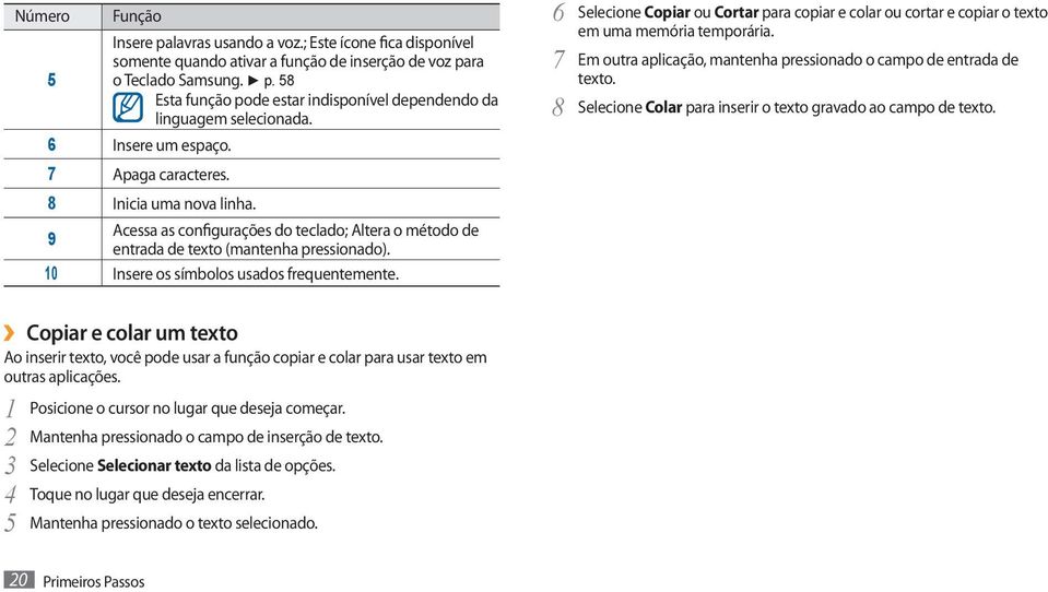 10 Insere os símbolos usados frequentemente. 6 Selecione Copiar ou Cortar para copiar e colar ou cortar e copiar o texto em uma memória temporária.