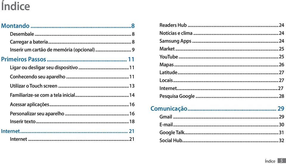 ..14 Acessar aplicações...16 Personalizar seu aparelho...16 Inserir texto...18 Internet... 21 Internet...21 Readers Hub...24 Notícias e clima.