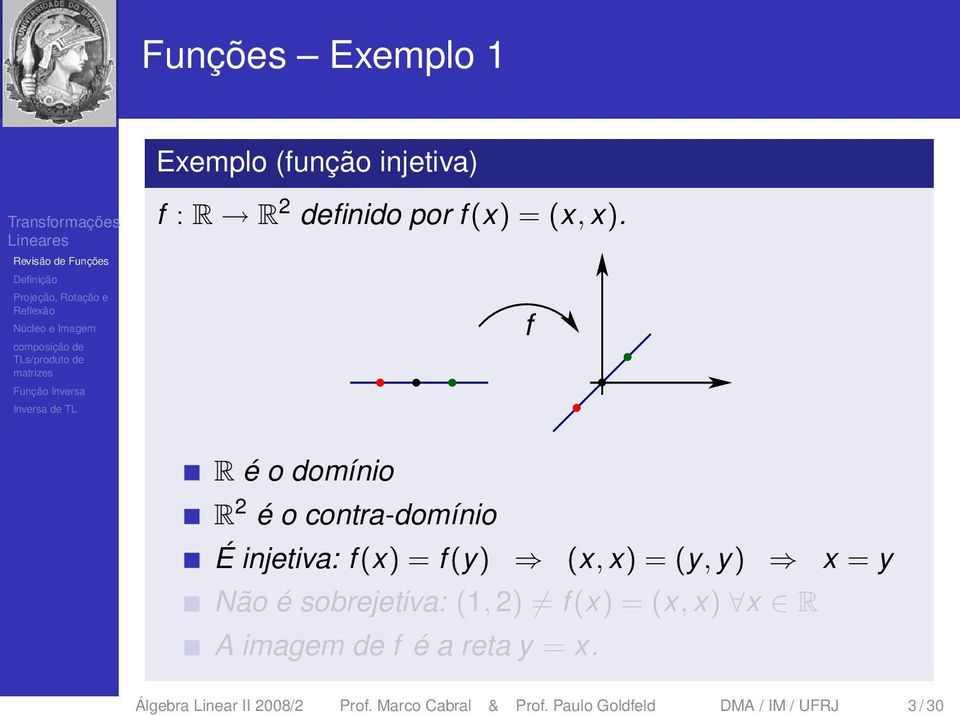 = y Não é sobrejetiva: (1, 2) f (x) = (x, x) x R A imagem de f é a reta y = x.