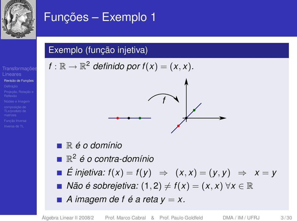 = y Não é sobrejetiva: (1, 2) f (x) = (x, x) x R A imagem de f é a reta y = x.