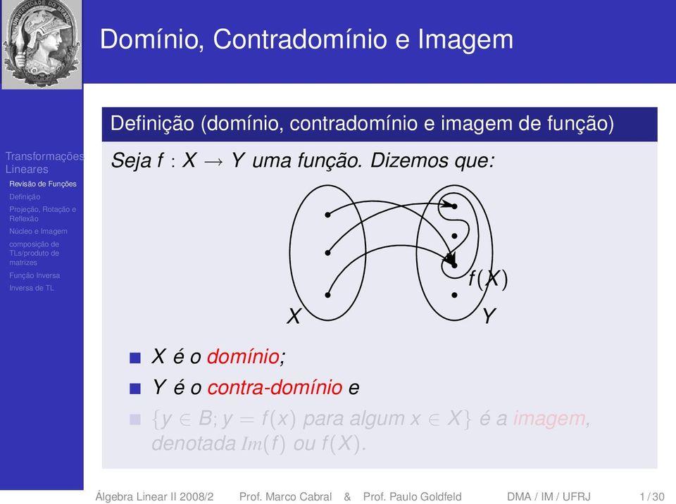 Dizemos que: f (X) X Y X é o domínio; Y é o contra-domínio e {y B; y = f (x)