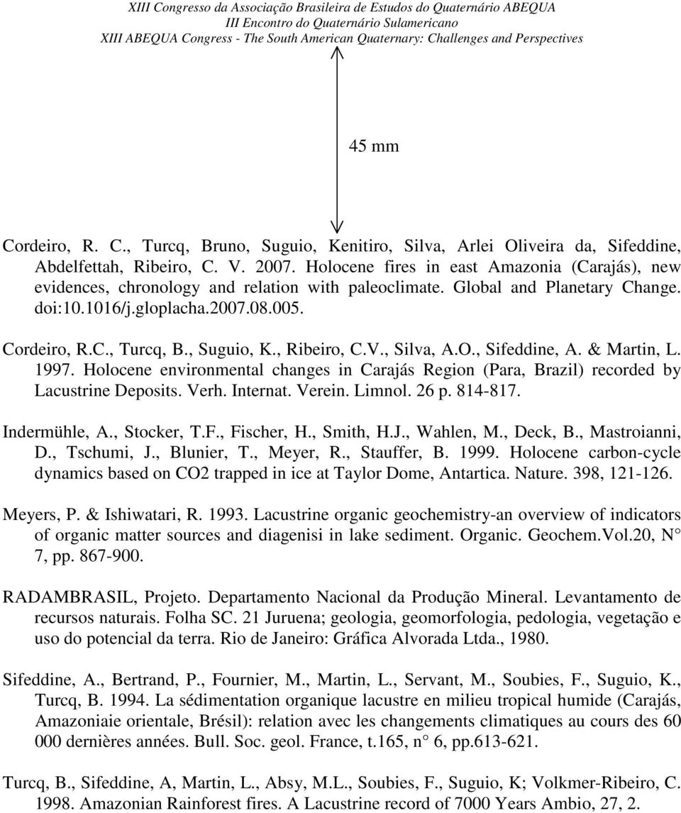 , Suguio, K., Ribeiro, C.V., Silva, A.O., Sifeddine, A. & Martin, L. 1997. Holocene environmental changes in Carajás Region (Para, Brazil) recorded by Lacustrine Deposits. Verh. Internat. Verein.