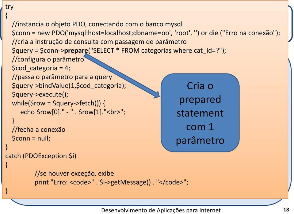 "); //configura o parâmetro $cod_categoria = 4; //passa o parâmetro para a query $query->bindvalue(1,$cod_categoria); Cria o $query->execute();