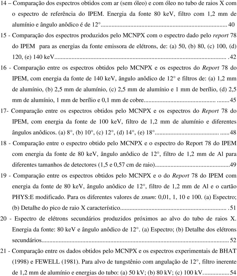 .. 40 15 - Comparação dos espectros produzidos pelo MCNPX com o espectro dado pelo report 78 do IPEM para as energias da fonte emissora de elétrons, de: (a) 50, (b) 80, (c) 100, (d) 120, (e) 140 kev.