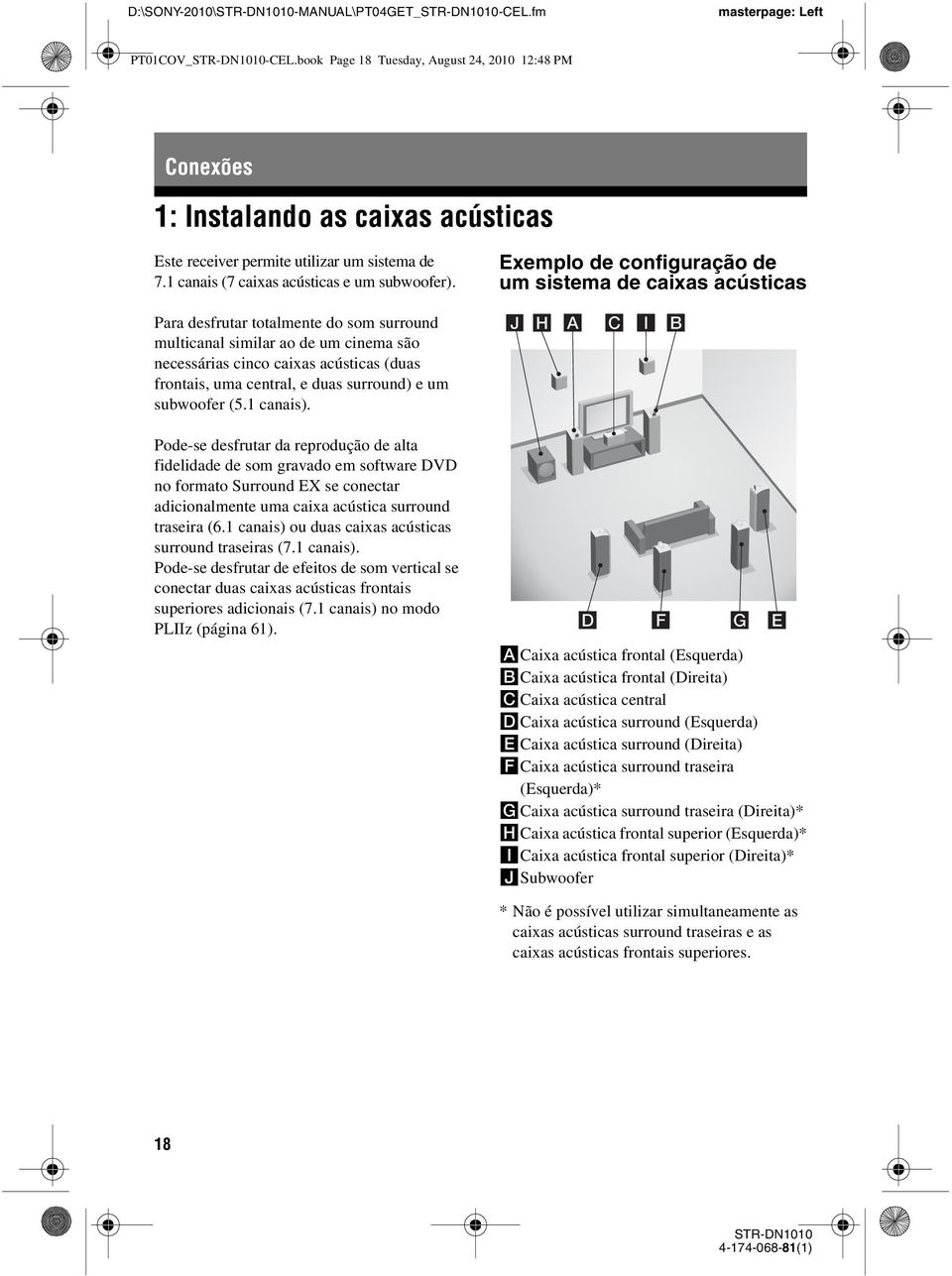 Exemplo de configuração de um sistema de caixas acústicas Para desfrutar totalmente do som surround multicanal similar ao de um cinema são necessárias cinco caixas acústicas (duas frontais, uma