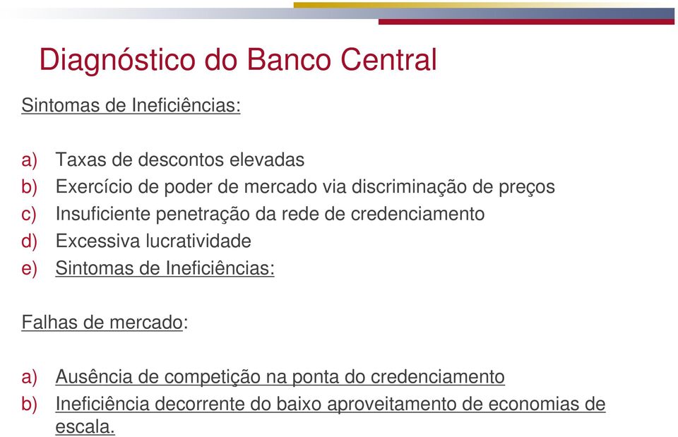 d) Excessiva lucratividade e) Sintomas de Ineficiências: Falhas de mercado: a) Ausência de