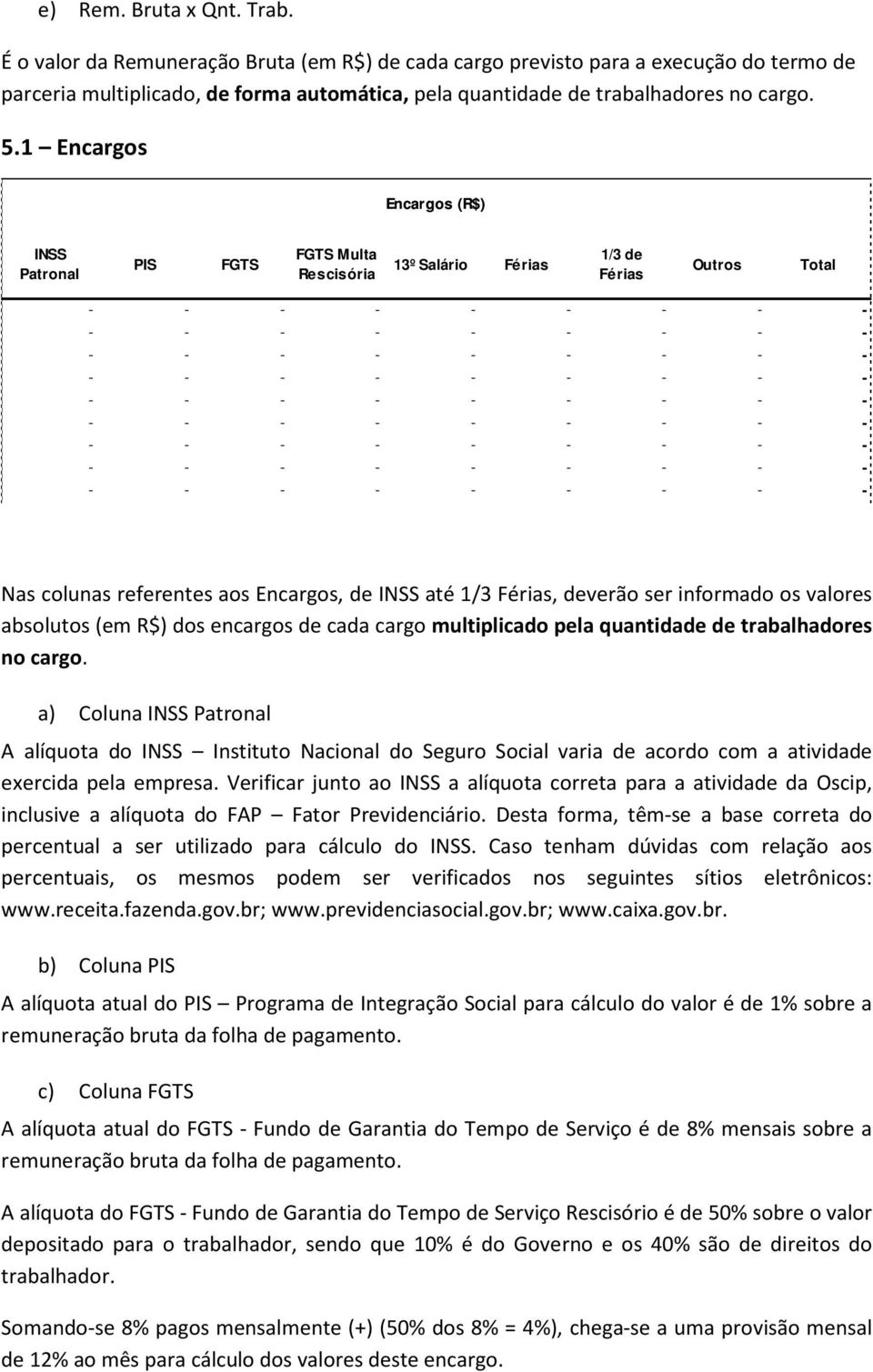 1 Encargos Encargos (R$) INSS Patronal PIS FGTS FGTS Multa Rescisória 13º Salário Férias 1/3 de Férias Outros Total - - - - - - - - - - - - - - - - - - - - - - - - - - - - - - - - - - - - - - - - - -