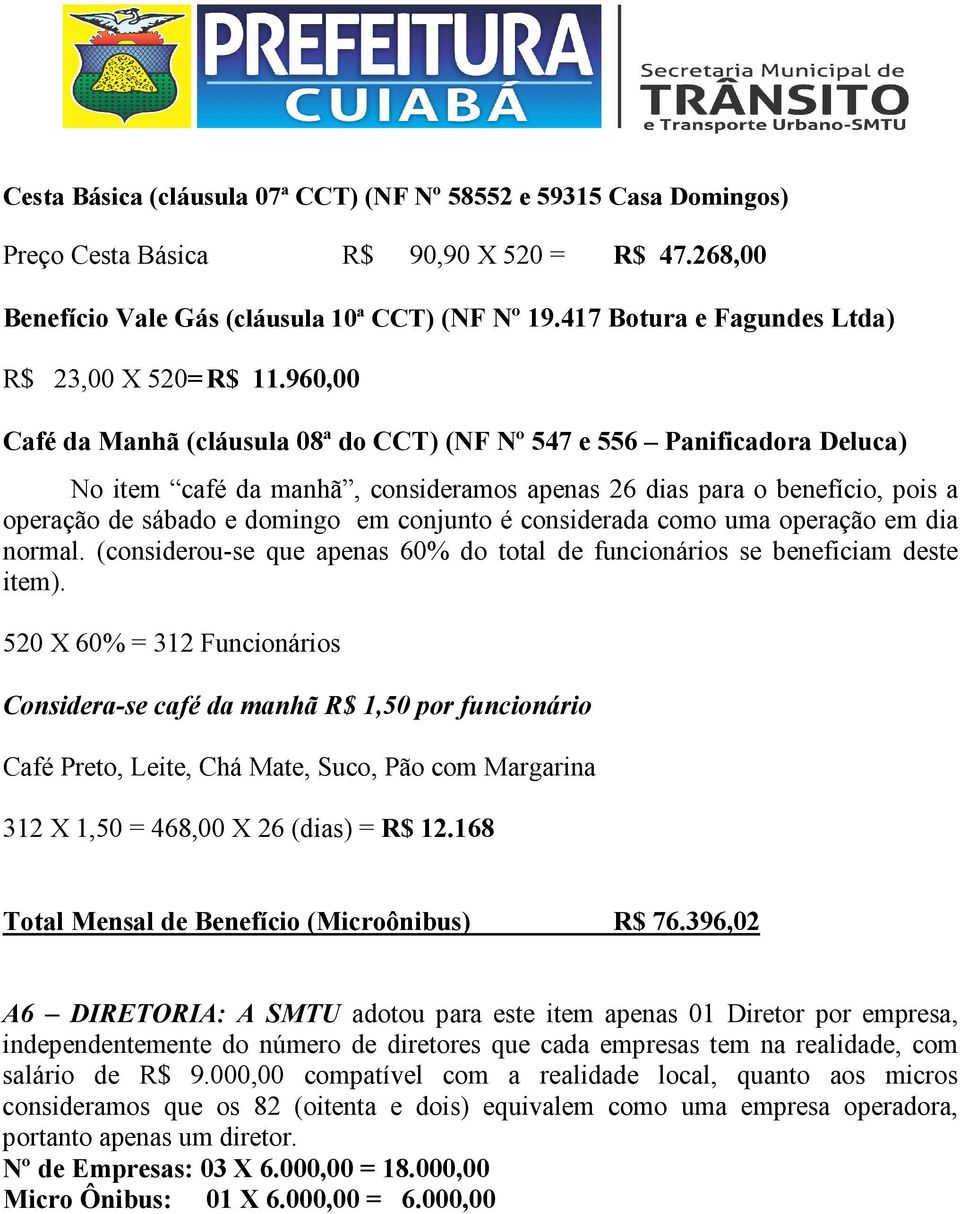 960,00 Café da Manhã (cláusula 08ª do CCT) (NF Nº 547 e 556 Panificadora Deluca) No item café da manhã, consideramos apenas 26 dias para o benefício, pois a operação de sábado e domingo em conjunto é