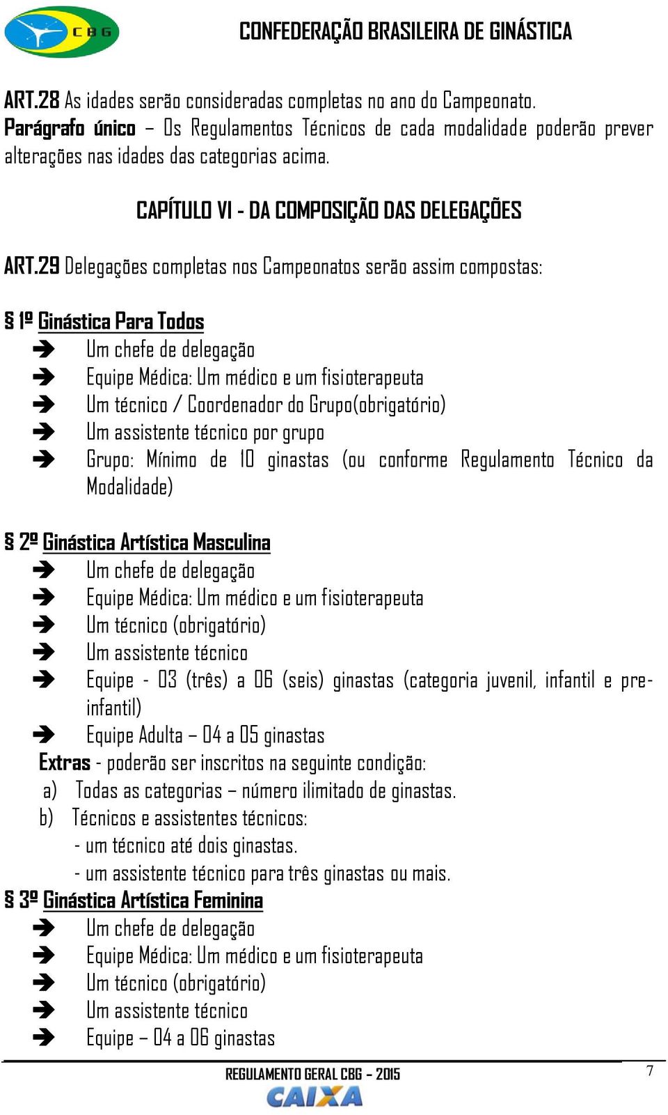 29 Delegações completas nos Campeonatos serão assim compostas: 1º Ginástica Para Todos Um chefe de delegação Equipe Médica: Um médico e um fisioterapeuta Um técnico / Coordenador do