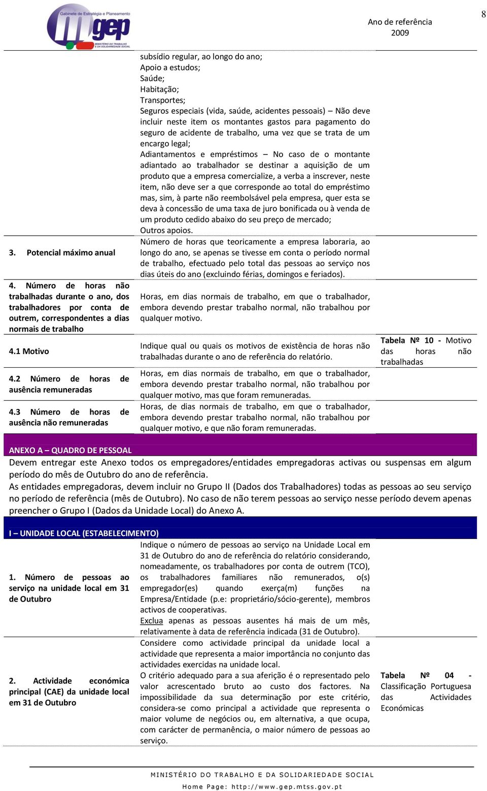 3 Número de horas de ausência não remuneradas subsídio regular, ao longo do ano; Apoio a estudos; Saúde; Habitação; Transportes; Seguros especiais (vida, saúde, acidentes pessoais) Não deve incluir