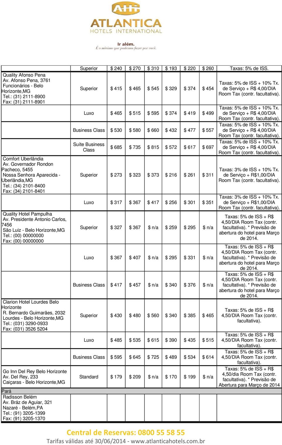 Presidente Antonio Carlos, 7456 São Luiz - Belo Horizonte,MG Tel.: (00) 00000000 Fax: (00) 00000000 Clarion Hotel Lourdes Belo Horizonte R. Bernardo Guimarães, 2032 Lourdes - Belo Horizonte,MG Tel.