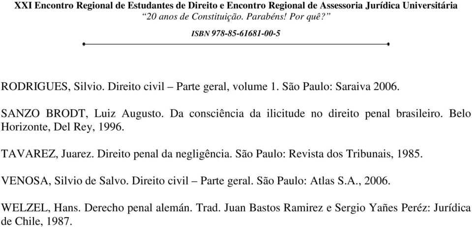 Direito penal da negligência. São Paulo: Revista dos Tribunais, 1985. VENOSA, Silvio de Salvo.