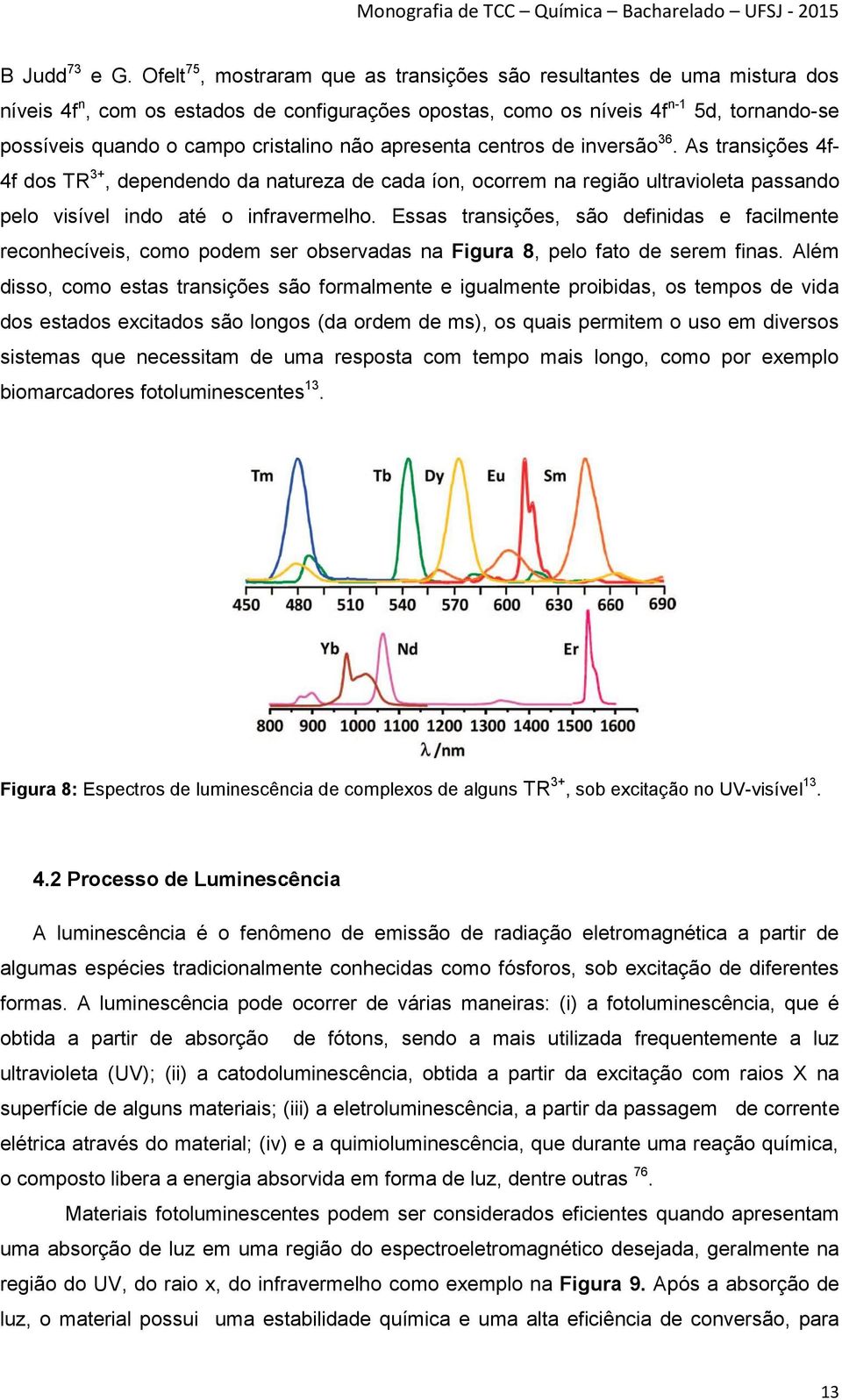 cristalino não apresenta centros de inversão 36. As transições 4f- 4f dos TR 3+, dependendo da natureza de cada íon, ocorrem na região ultravioleta passando pelo visível indo até o infravermelho.