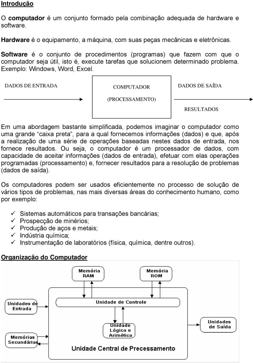 DADOS DE ENTRADA COMPUTADOR (PROCESSAMENTO) DADOS DE SAÍDA RESULTADOS Em uma abordagem bastante simplificada, podemos imaginar o computador como uma grande caixa preta, para a qual fornecemos