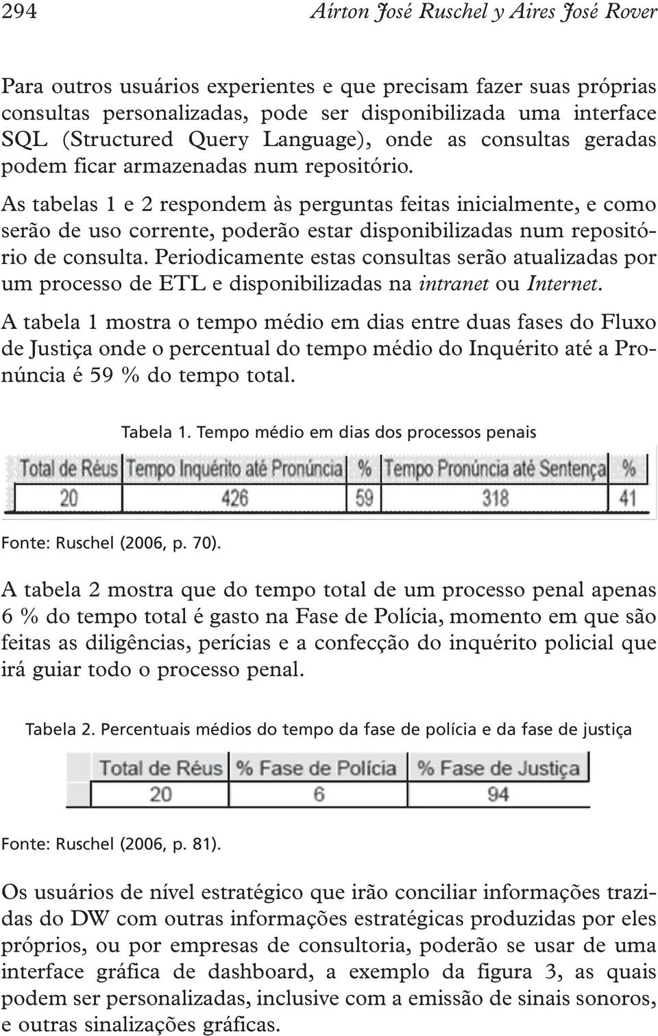 As tabelas 1 e 2 respondem às perguntas feitas inicialmente, e como serão de uso corrente, poderão estar disponibilizadas num repositório de consulta.