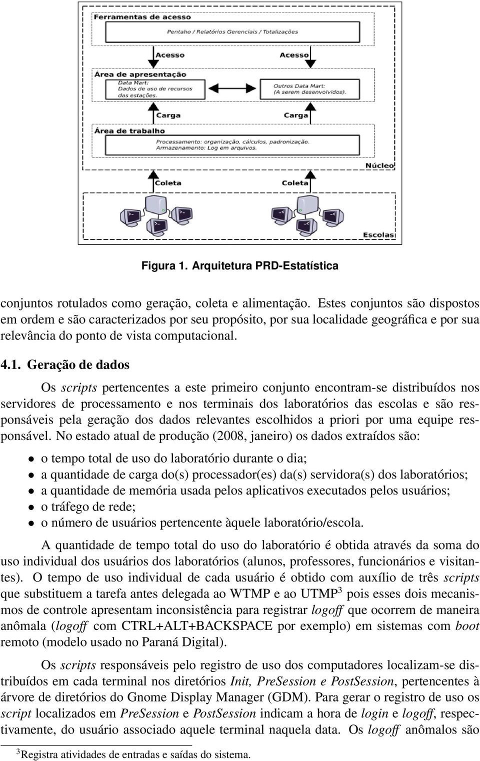 Geração de dados Os scripts pertencentes a este primeiro conjunto encontram-se distribuídos nos servidores de processamento e nos terminais dos laboratórios das escolas e são responsáveis pela