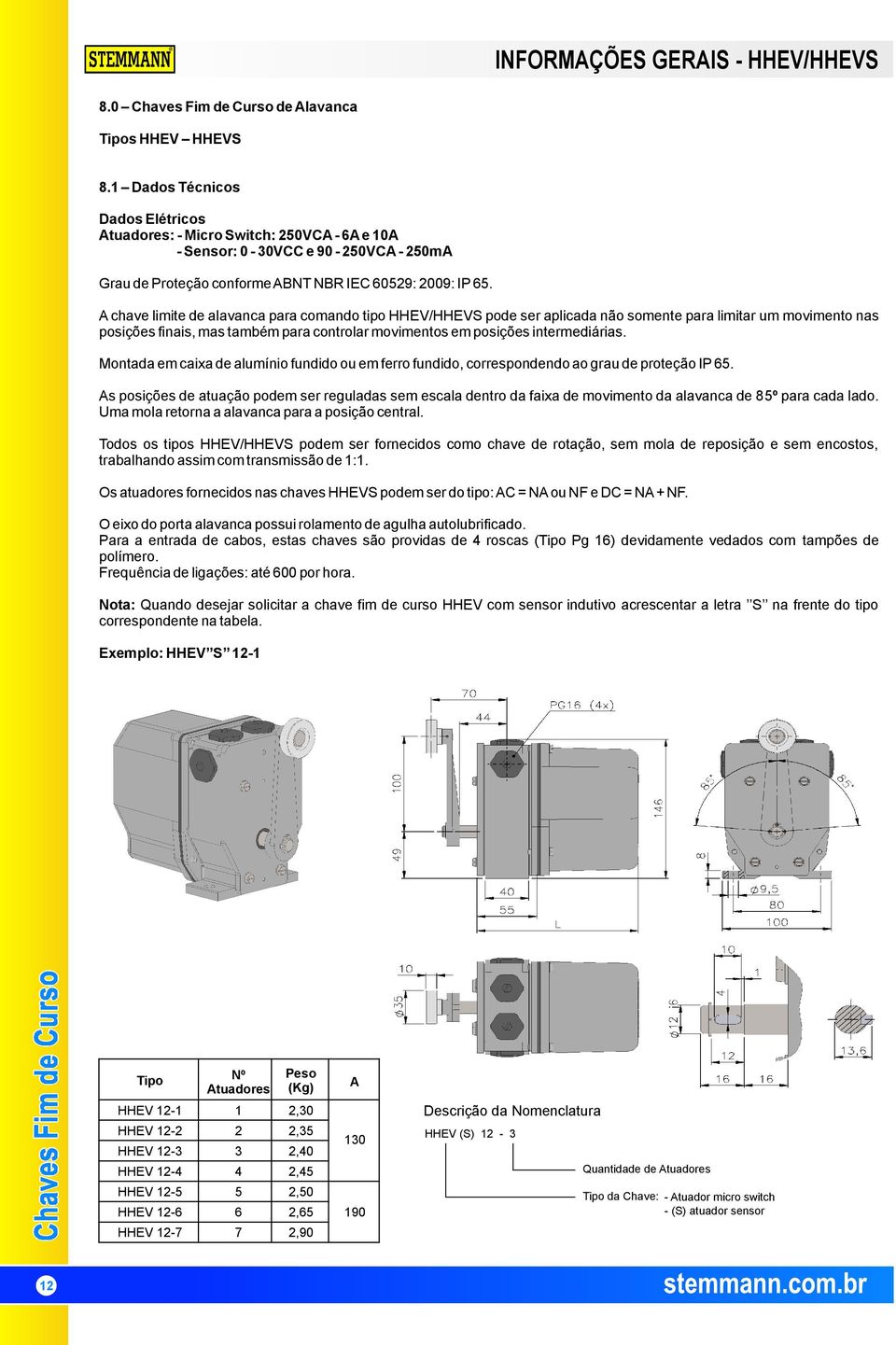 A chave limite de alavanca para comando tipo HHEV/HHEVS pode ser aplicada não somente para limitar um movimento nas posições finais, mas também para controlar movimentos em posições intermediárias.