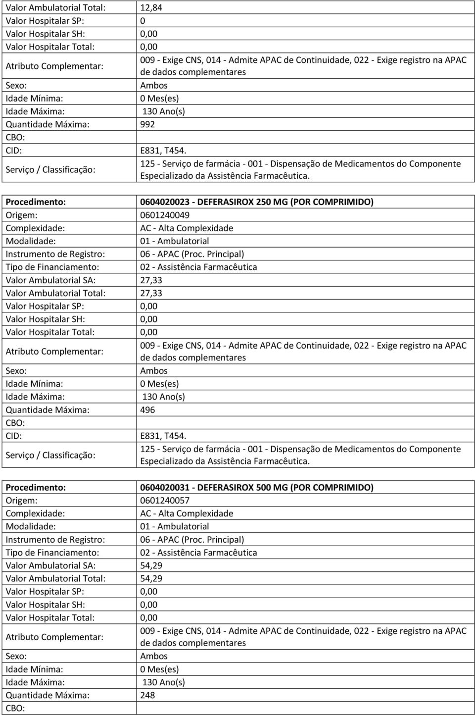 Ambulatorial Total: 27,33 Quantidade Máxima: 496 CID: E831, T454.