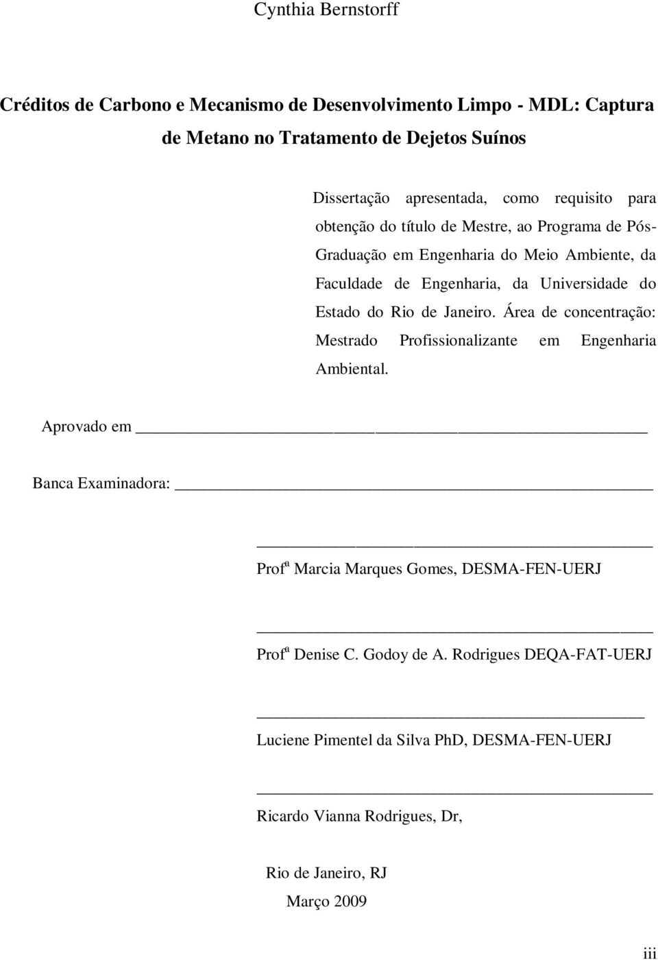 Rio de Janeiro. Área de concentração: Mestrado Profissionalizante em Engenharia Ambiental.