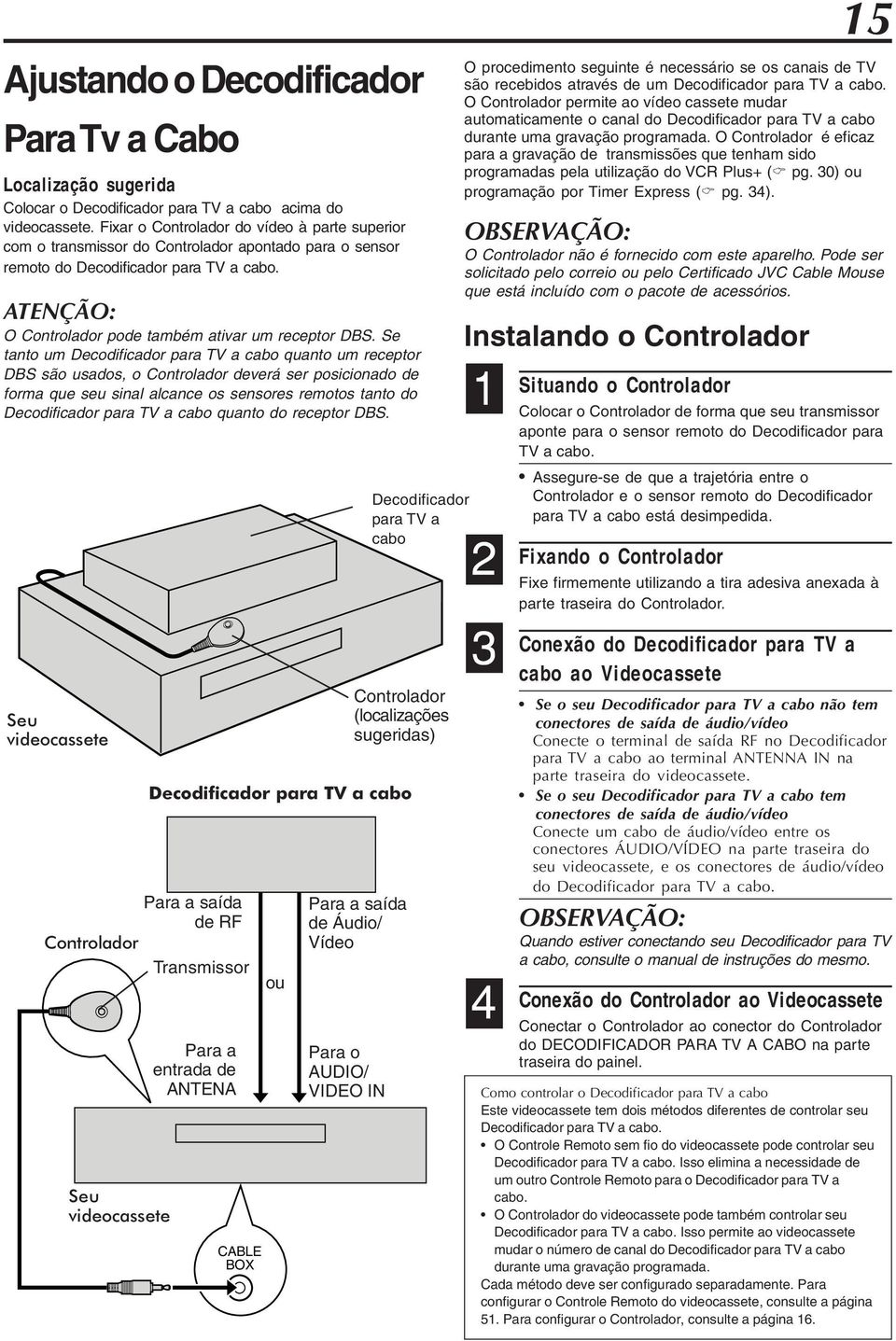 Se tanto um Decodificador para TV a cabo quanto um receptor DBS são usados, o Controlador deverá ser posicionado de forma que seu sinal alcance os sensores remotos tanto do Decodificador para TV a