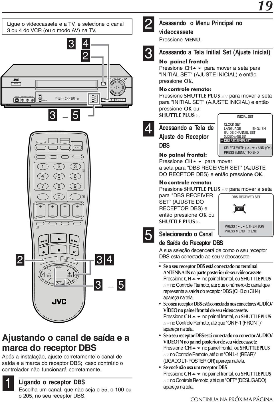 corretamente. POWER S-VHS ET 5 Ligando o receptor DBS Escolha um canal, que não seja o 55, o 00 ou o 05, no seu receptor DBS.