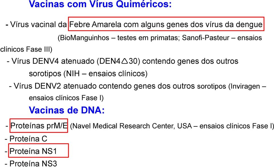 ensaios clínicos) - Vírus DENV2 atenuado contendo genes dos outros sorotipos (Inviragen ensaios clínicos Fase I) Vacinas de