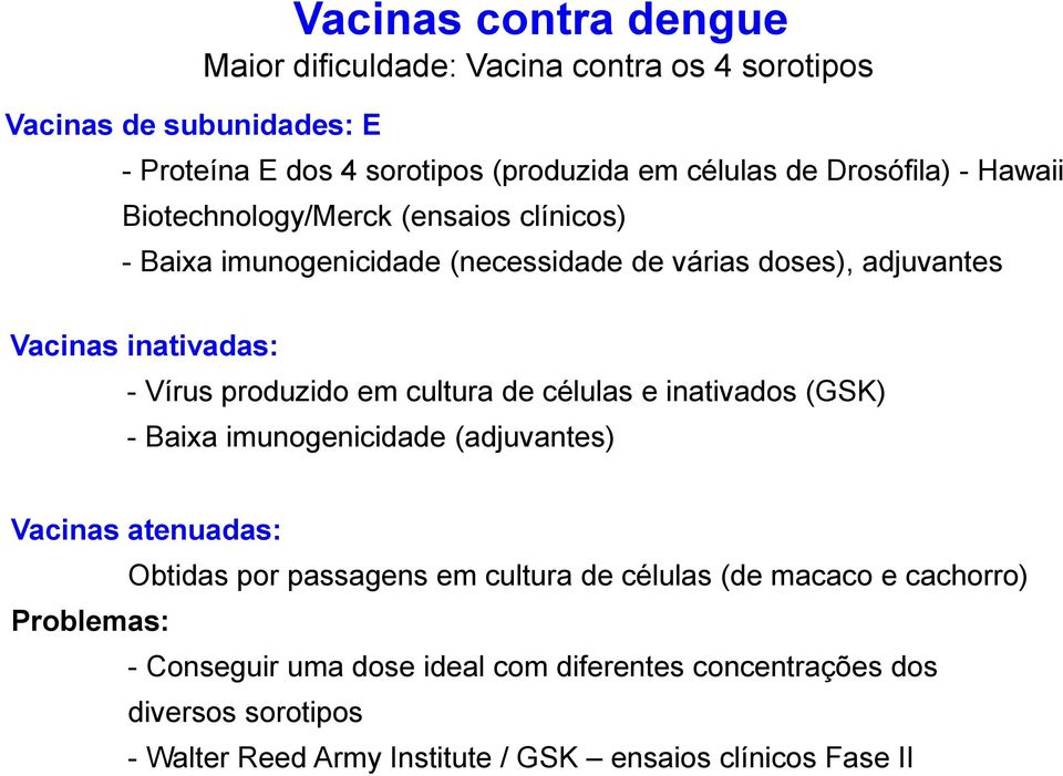 produzido em cultura de células e inativados (GSK) - Baixa imunogenicidade (adjuvantes) Vacinas atenuadas: Obtidas por passagens em cultura de células (de