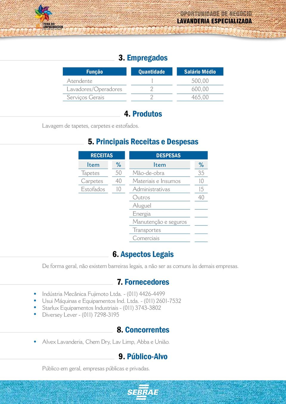 e seguros Transportes Comerciais % 35 10 15 40 6. Aspectos Legais De forma geral, não existem barreiras legais, a não ser as comuns às demais empresas. 7.