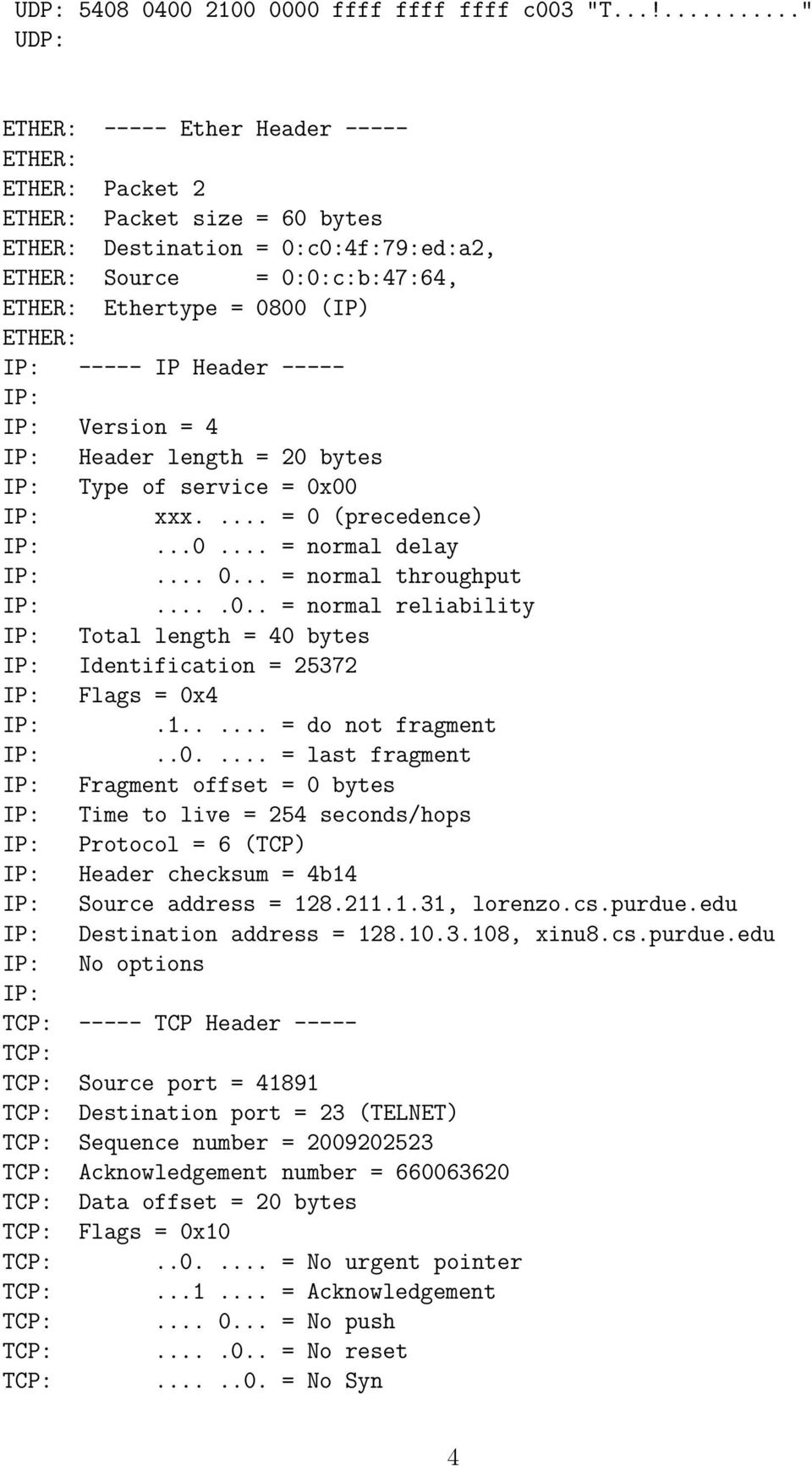 20 bytes Type of service = 0x00 xxx.... = 0 (precedence)...0... = normal delay... 0... = normal throughput....0.. = normal reliability Total length = 40 bytes Identification = 25372 Flags = 0x4.1.