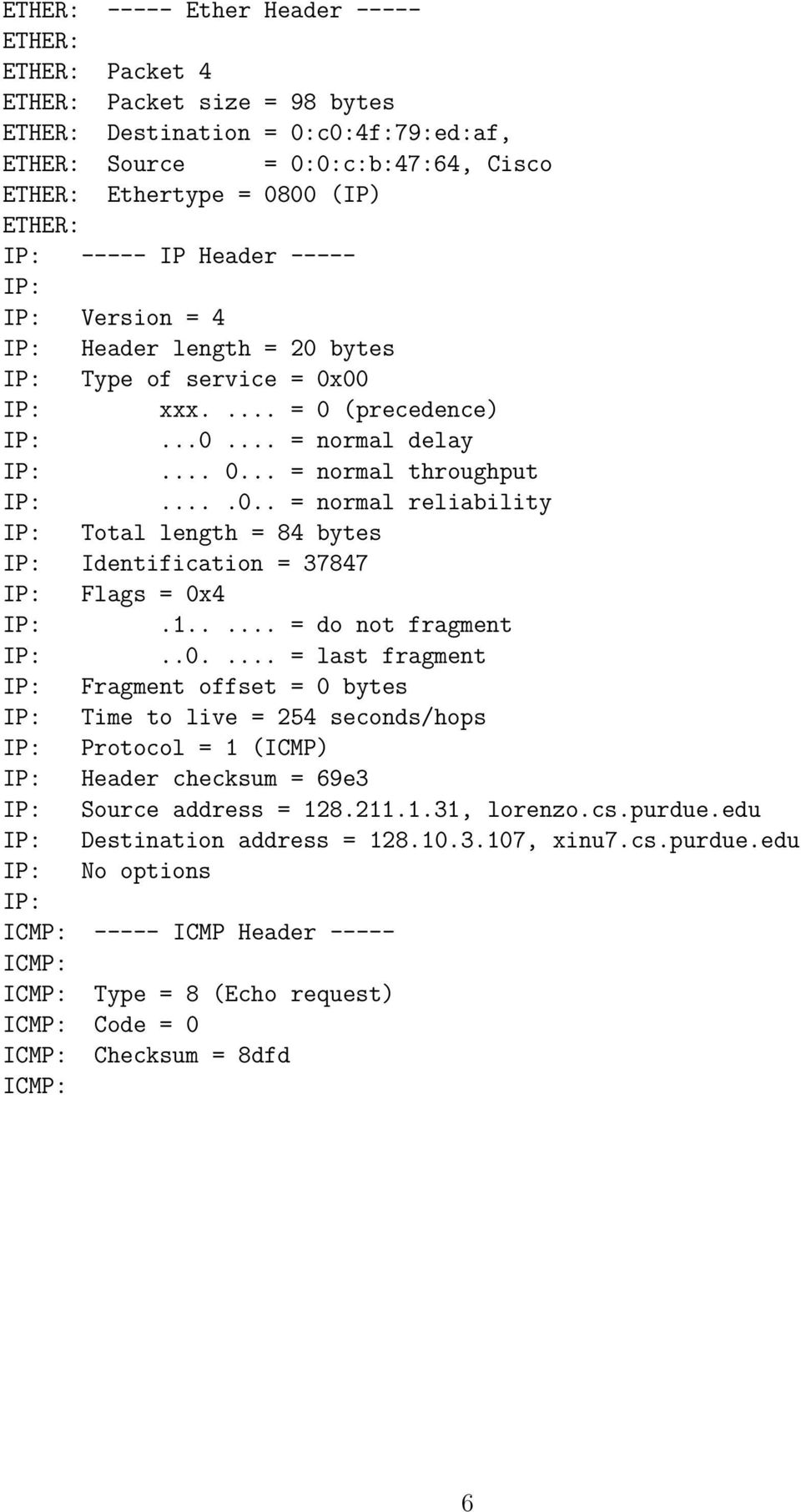 1..... = do not fragment..0.... = last fragment Fragment offset = 0 bytes Time to live = 254 seconds/hops Protocol = 1 (ICMP) Header checksum = 69e3 Source address = 128.211.1.31, lorenzo.cs.