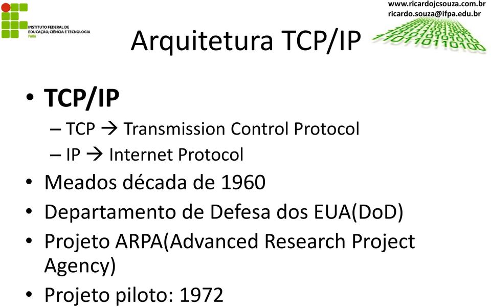 Protocol IP Internet Protocol Meados década de 1960