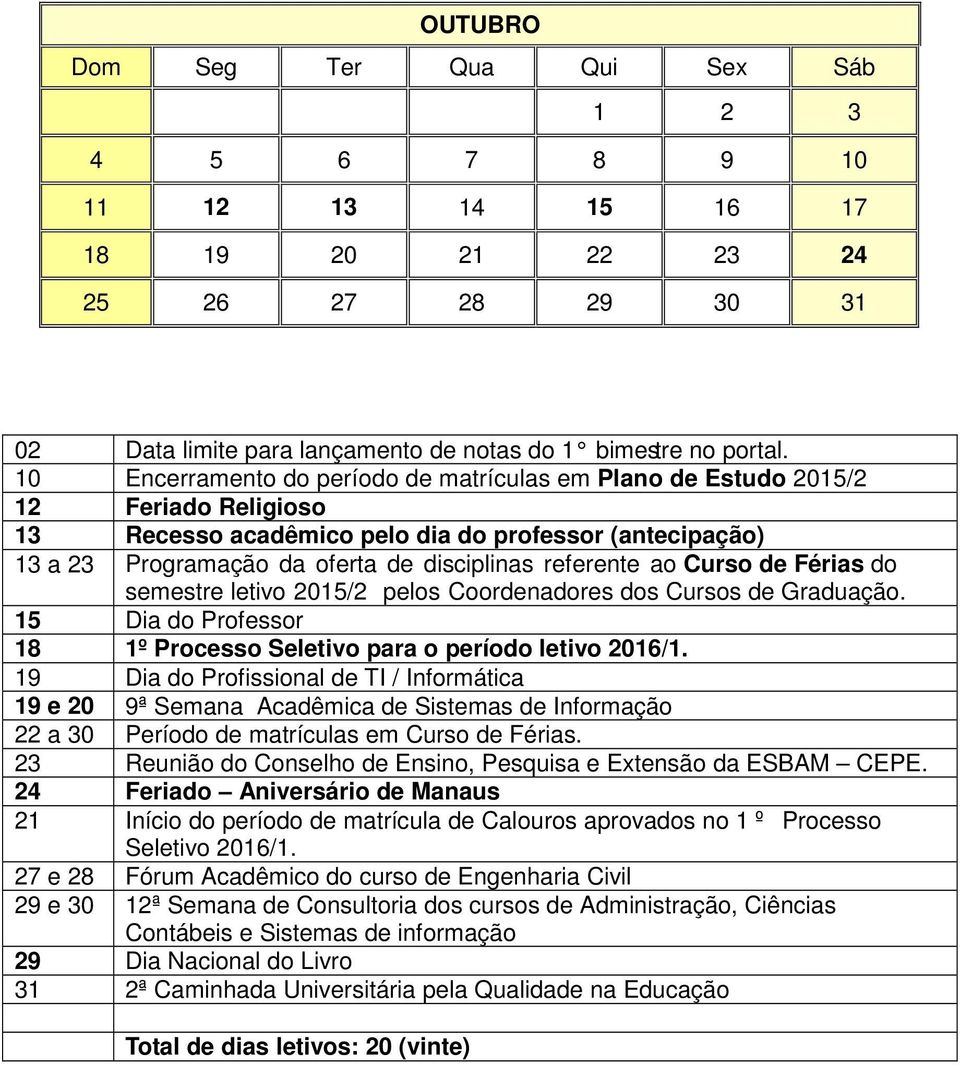 ao Curso de Férias do semestre letivo 2015/2 pelos Coordenadores dos Cursos de Graduação. 15 Dia do Professor 18 1º Processo Seletivo para o período letivo 2016/1.